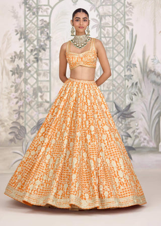 Marigold orange zari dori embroidered lehenga set