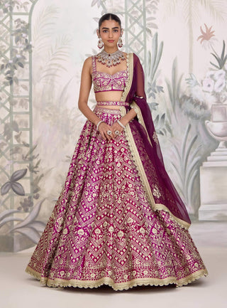 Wine maroon zari dori embroidered raw silk lehenga set