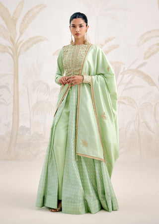 Sea green zardozi embroidered chanderi anarkali set