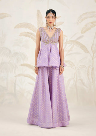 Zardozi hand embroidery detail on orchid lavender brocade top