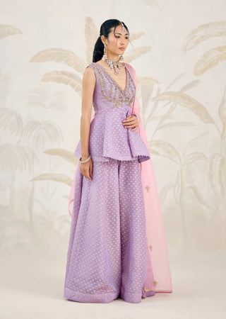 Side view of flared sharara pants with organza dupatta