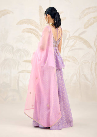 Back view showcasing dupatta drape and sharara fall
