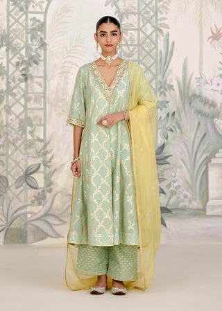 Smoke green zardozi embroidered kurta set