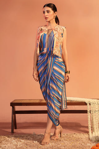 Blue Adira Embroidered Drape Dress Set by Soup By Sougat Paul available on Indiaspopup.com