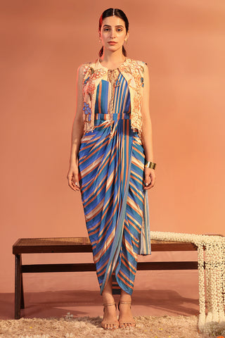 Blue Adira Embroidered Drape Dress Set by Soup By Sougat Paul available on Indiaspopup.com