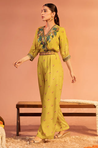 Yellow tamaya embellished overlap jumpsuit with belt