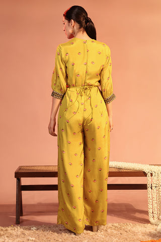 Yellow tamaya embellished overlap jumpsuit with belt