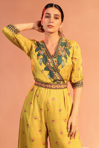 Yellow tamaya embellished overlap jumpsuit with belt