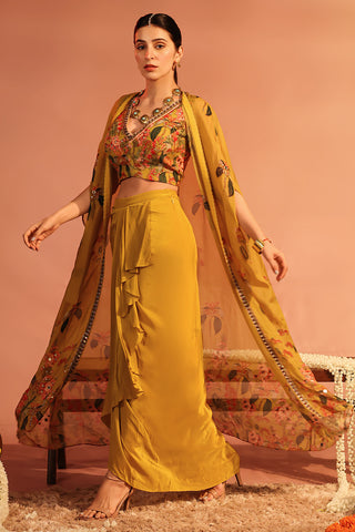 Yellow Tamaya Embellished Drape Skirt Set With Cape by Soup By Sougat Paul available on Indiaspopup.com