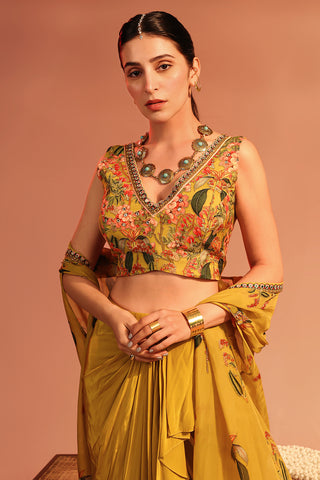 Yellow Tamaya Embellished Drape Skirt Set With Cape by Soup By Sougat Paul available on Indiaspopup.com