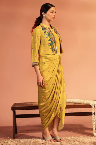 Yellow Tamaya Embroidered Drape Dress With Jacket by Soup By Sougat Paul available on Indiaspopup.com