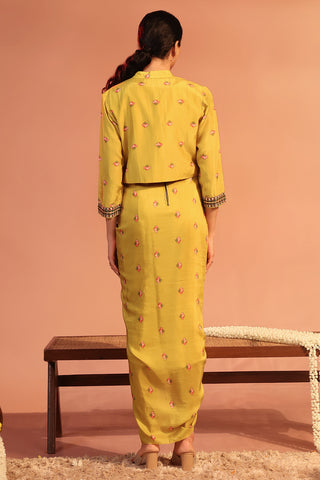 Yellow Tamaya Embroidered Drape Dress With Jacket by Soup By Sougat Paul available on Indiaspopup.com