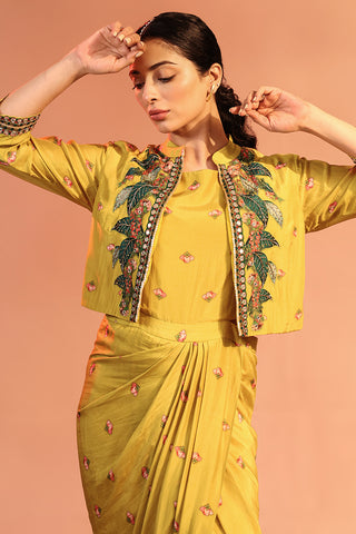 Yellow Tamaya Embroidered Drape Dress With Jacket by Soup By Sougat Paul available on Indiaspopup.com