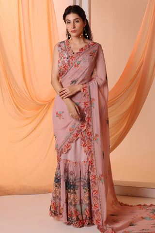 Pink aarani embroidered pre-stitch sari and blouse