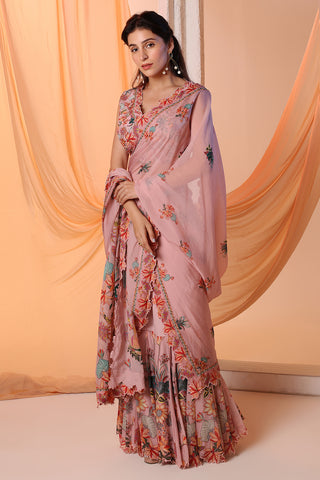 Pink aarani embroidered pre-stitch sari and blouse