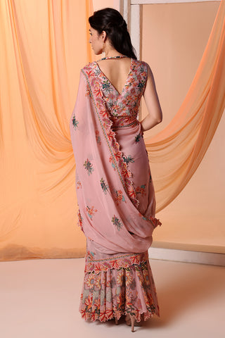 Pink aarani embroidered pre-stitch sari and blouse