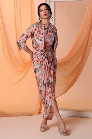 Pink arani printed drape dress and jacket