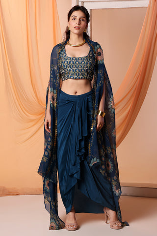 Navy blue eraya embellished drape skirt and cape set