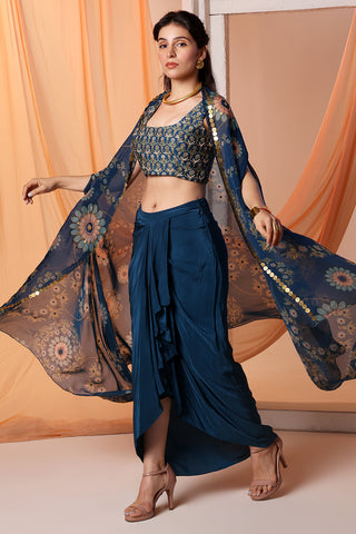 Navy Blue Eraya Embellished Drape Skirt And Cape Set by Soup By Sougat Paul available on Indiaspopup.com