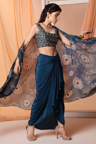 Navy blue eraya embellished drape skirt and cape set