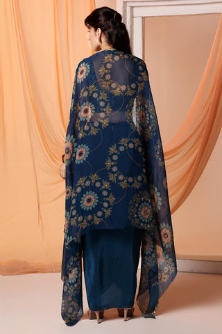 Navy blue eraya embellished drape skirt and cape set