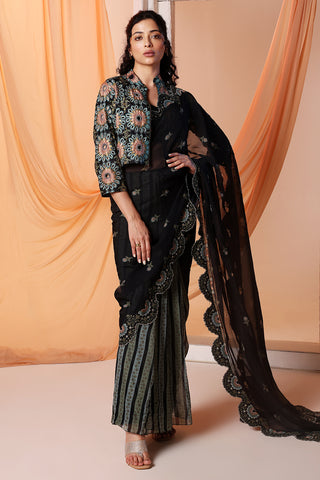 Black eraya embroidered pre-stiched sari and jacket set