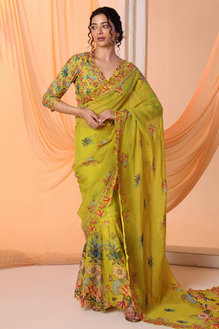 Yellow aarani embroidered pre-stitch sari and blouse