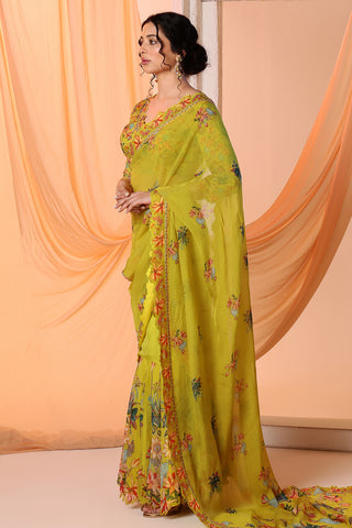 Yellow Aarani Embroidered Pre-Stitch Sari And Blouse by Soup By Sougat Paul available on Indiaspopup.com