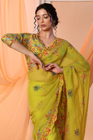 Yellow Aarani Embroidered Pre-Stitch Sari And Blouse by Soup By Sougat Paul available on Indiaspopup.com