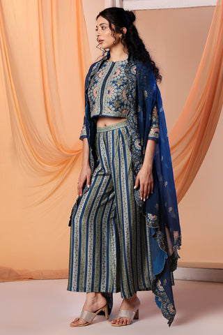 Navy Blue Earaya Printed Co-Ord Set And Cape by Soup By Sougat Paul available on Indiaspopup.com