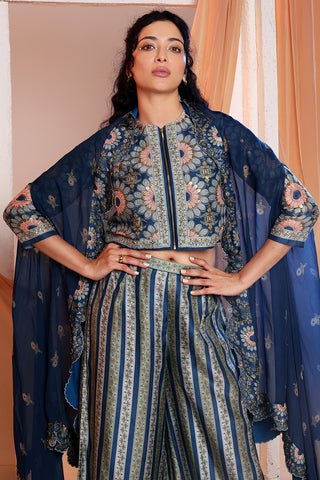 Navy Blue Earaya Printed Co-Ord Set And Cape by Soup By Sougat Paul available on Indiaspopup.com