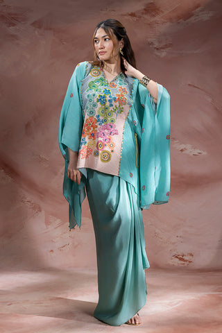 Blue Kaia embroidered kaftan top with drape skirt