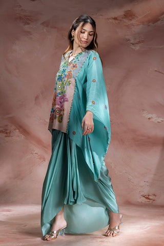 Blue Kaia embroidered kaftan top with drape skirt