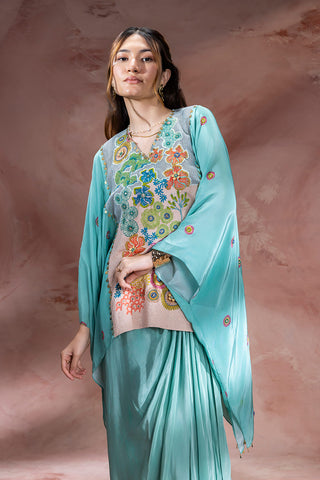 Blue Kaia embroidered kaftan top with drape skirt