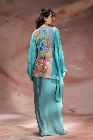 Blue Kaia embroidered kaftan top with drape skirt