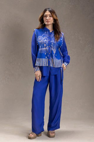 Electric blue kyomi printed shirt with trousers
