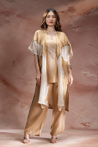 Beige Zinnia appliqué top with pants and jacket