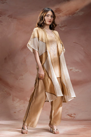 Beige Zinnia appliqué top with pants and jacket