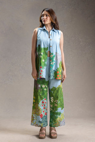 Blue blume printed bustier with bootcut pants and jacket