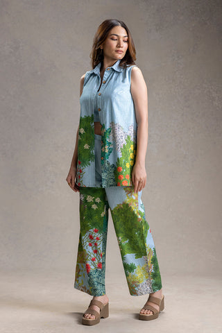 Blue blume printed bustier with bootcut pants and jacket