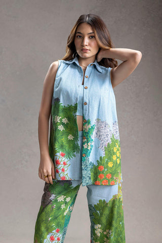 Blue blume printed bustier with bootcut pants and jacket