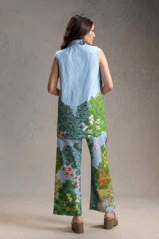 Blue blume printed bustier with bootcut pants and jacket