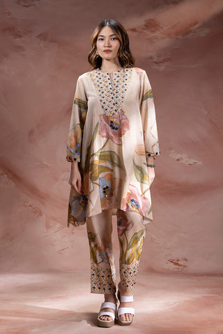 Beige Zeya embroidered tunic with pants