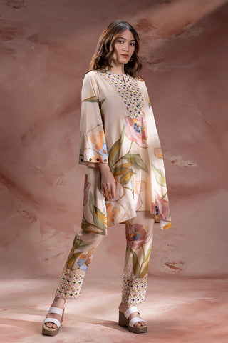 Beige Zeya embroidered tunic with pants