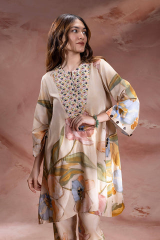 Beige Zeya embroidered tunic with pants