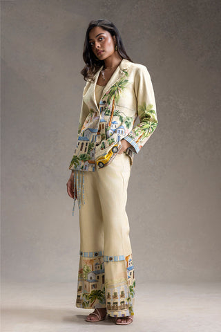 Yellow Reviera printed bustier with pants and jacket