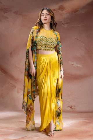 Yellow Zeya embellished top with drape skirt and cape jacket