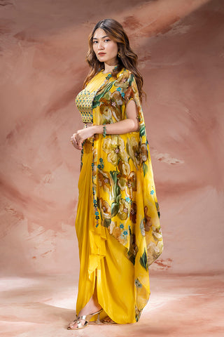 Yellow Zeya embellished top with drape skirt and cape jacket