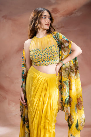 Yellow Zeya embellished top with drape skirt and cape jacket