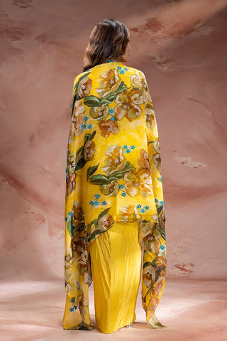 Yellow Zeya embellished top with drape skirt and cape jacket